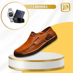 Kit Sapato Mocassim Masculino Ortopédico em 100% Couro Legítimo + BRINDES: Cinto, Carteira e Relógio